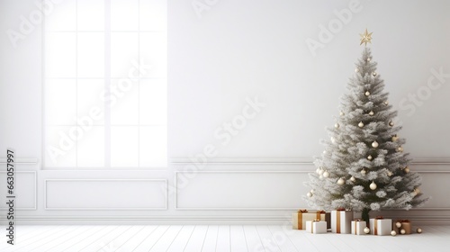 Christmas tree in living room on empty light white wall with copy space, generative ai © Nia™