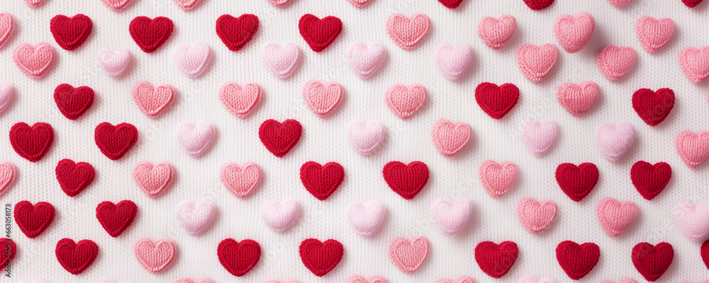 Ultra wide pattern small white pink red knitting in heart shape are arranged on white background. Ultra wide pattern small white pink red knitting in heart shape are arranged on white background.