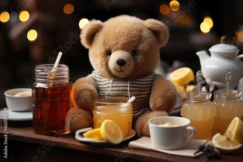 A teddy bear is surrounded by honey jars, with the soft glow of blurred holiday lights in the background, adding to the festive and honey-filled ambiance. Photorealistic illustration