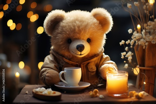 A teddy bear indulges in a honey tea, with the soft glow of blurred holiday lights in the background, evoking a whimsical and cozy scene. Photorealistic illustration © DIMENSIONS