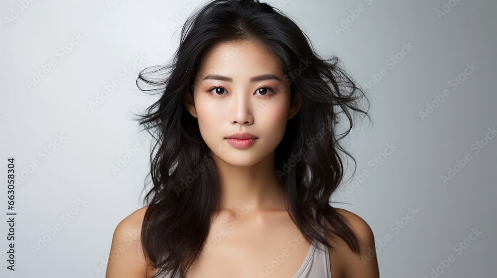 Young Asian beauty woman curly long hair with perfect skin on isolated light grey background. Facial treatment, Cosmetology.