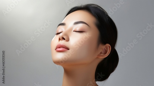 Facial treatment, Cosmetology concept. Young asian woman closeup portrait on grey background.