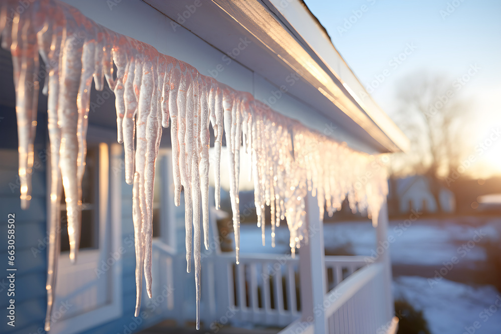 Frozen wonder, Sparkling icicles adorn a frosty winter rooftop