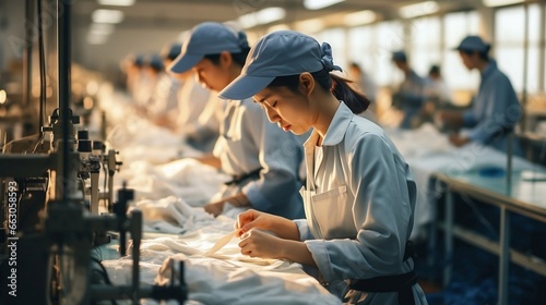 A bustling Asian textile factory, where skilled workers produce clothing on a grand scale.