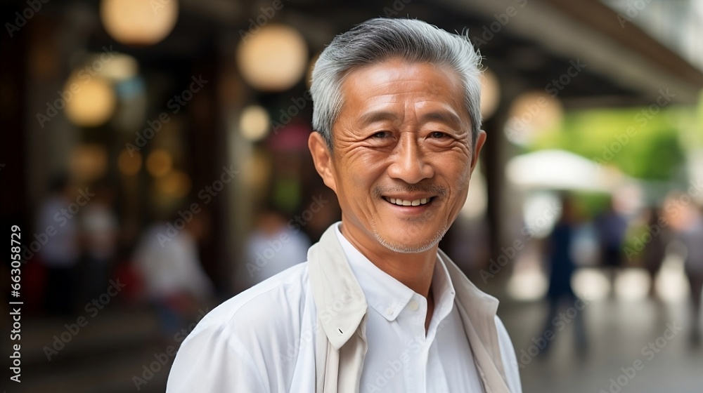 Obraz premium Well dressed mature Asian businessman smiling confidently while standing alone in the street