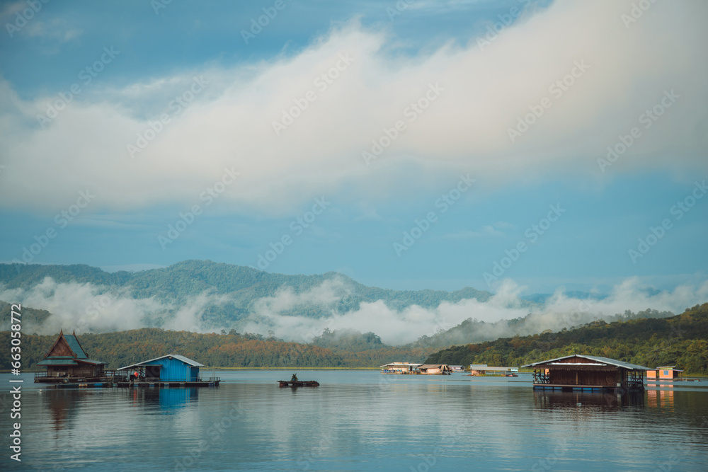 view of lake, river, moutain, raft at  Khao Laem national park in Kanchanaburi Thailand