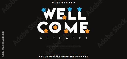 Well Come Modern minimal abstract alphabet fonts. Typography technology, electronic, movie, digital, music, future, logo creative font. vector illustration. photo