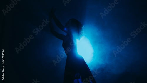 Silhouette performance. Contemporary dance. Sensual professional choreographer woman moving in dark mist blue spot light background copy space.