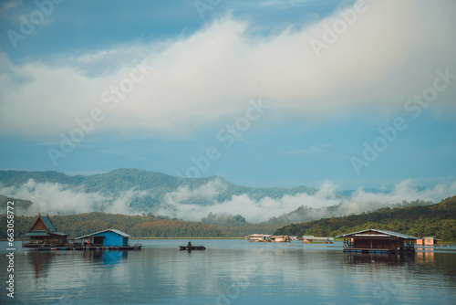 view of lake, river, moutain, raft at Khao Laem national park in Kanchanaburi Thailand