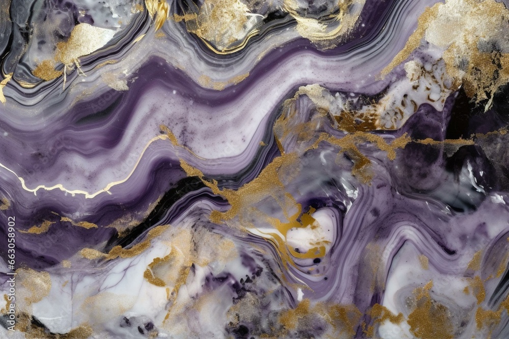 Abstract art with violet and grey tones, featuring marble swirls and agate ripples. Natural wallpaper with gold glitter. Generative AI - obrazy, fototapety, plakaty 