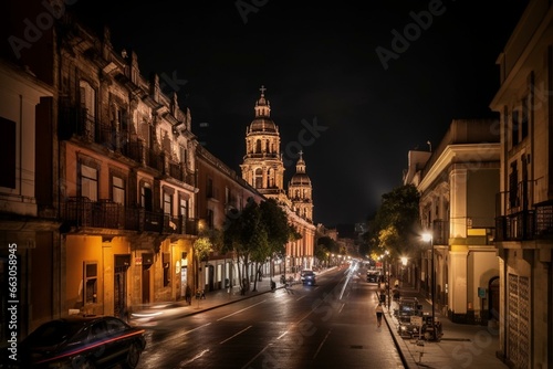 Vibrant streets of historic Mexican capital  lively night scene in high-resolution image. Generative AI