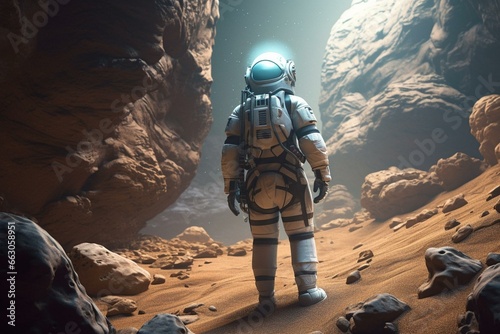 Illustration of a person in a spacesuit exploring a rocky, desert-like planet. Generative AI