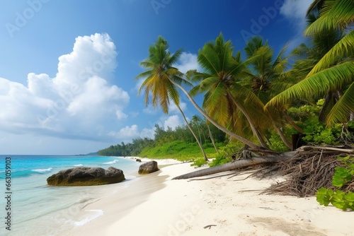 Bright, sandy beach with palm trees. Generative AI