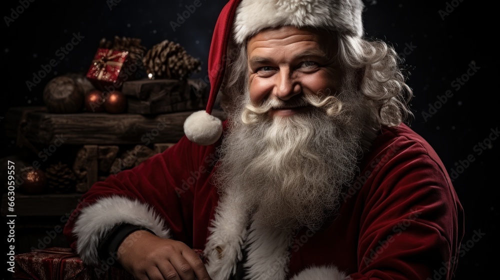 santa claus with christmas tree, winter theme, christmas background and wallpaper