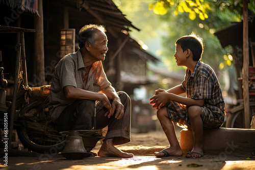 Elderly man conversing with young boy in rustic setting. Generations connecting.