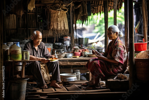 Traditional Asian household scene with senior couple interacting. Traditional lifestyle.