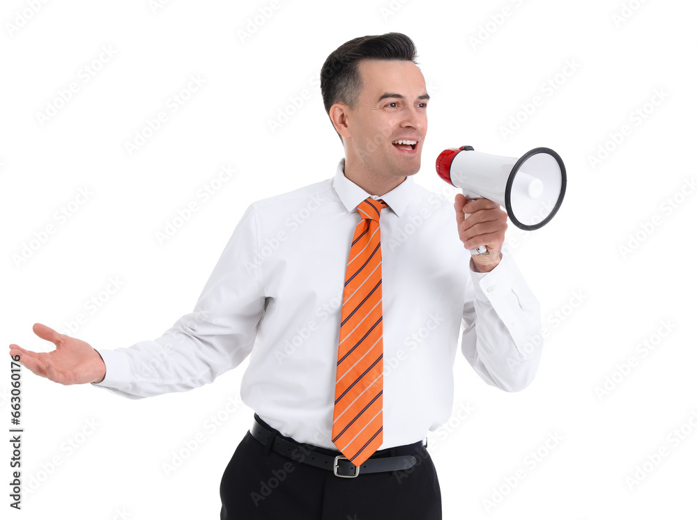 Handsome steward shouting into megaphone on white background Handsome steward shouting into megaphone on white background