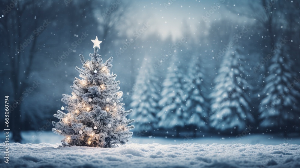 light winter background, christmas tree, snow, generative ai
