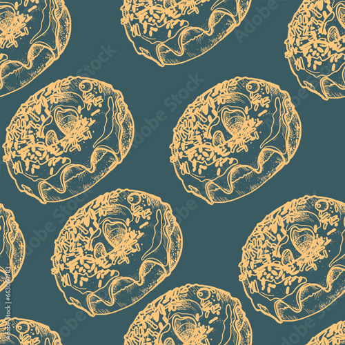 Pattern with buns, bread, hand-drawn. Vintage pastries, desserts made of wheat, coarse flour for a bakery or cafeteria. Background for cafe menu, for textiles.