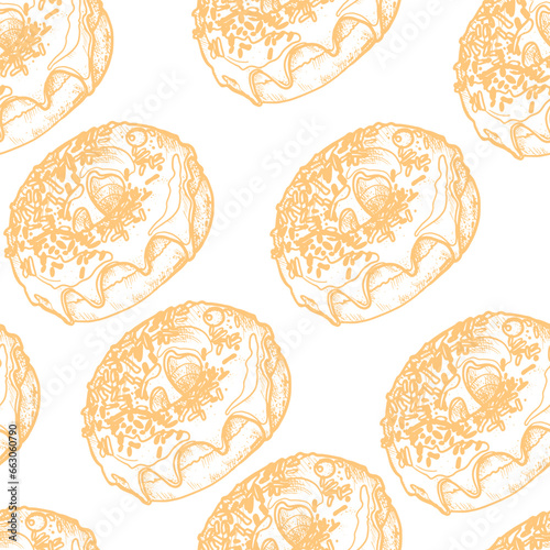 Pattern with buns, bread, hand-drawn. Vintage pastries, desserts made of wheat, coarse flour for a bakery or cafeteria. Background for cafe menu, for textiles.