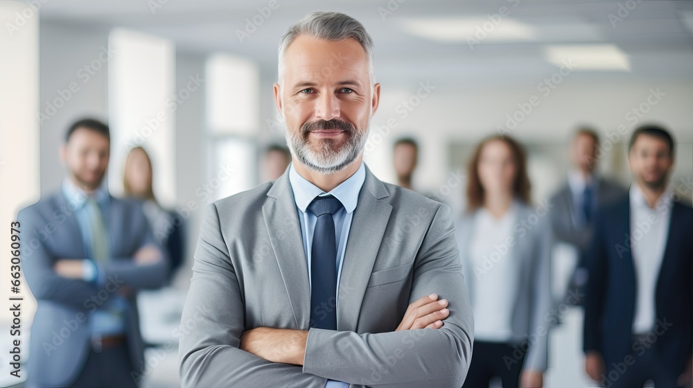 Handsome business man standing confident in the office in front of his team