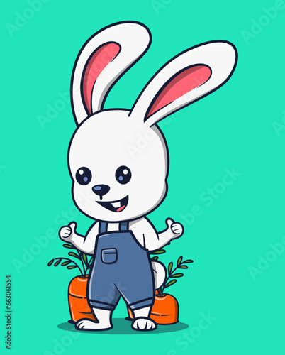 vector illustration of cute farmer white rabbit. carrot plants nearby. cute animal icon concept © Iskhan