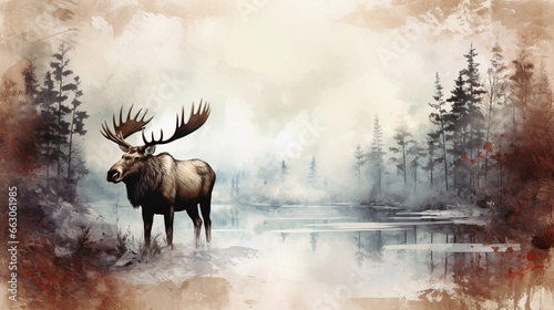 space for text on textured background surrounded by a moose in water color style, background image, generative AI © Hifzhan Graphics