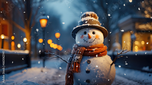 Snowman Winter Evening Snowy Street Lights