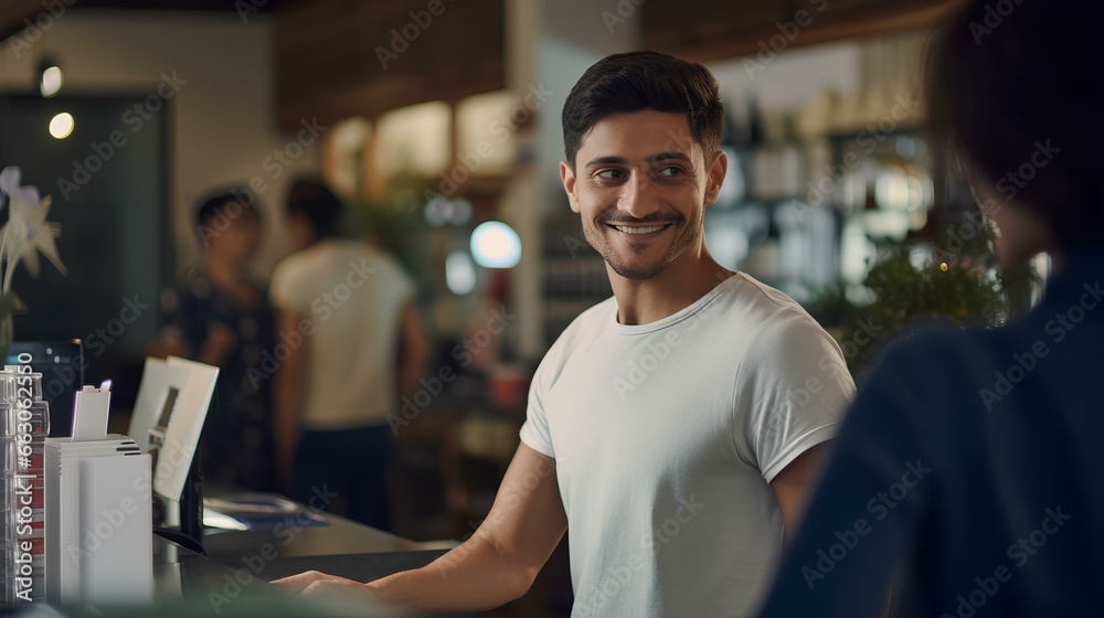 A young Latino man and woman working in a cafe are having a pleasant conversation. generative AI A young Latino man and woman working in a cafe are having a pleasant conversation. generative AI