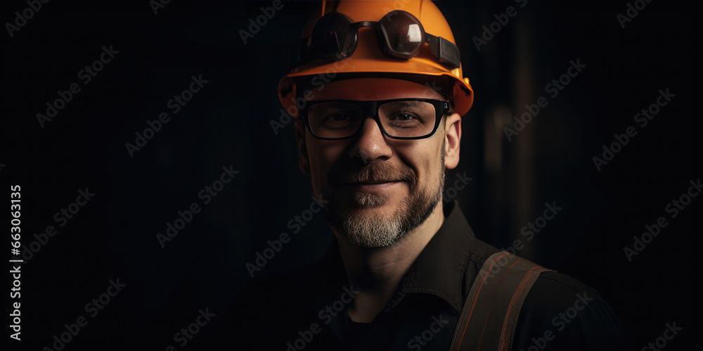 Portrait of a Man Builder, Worker, Engineer, Manager, Architect in a orange helmet on a black background Male Construction Worker - obrazy, fototapety, plakaty 