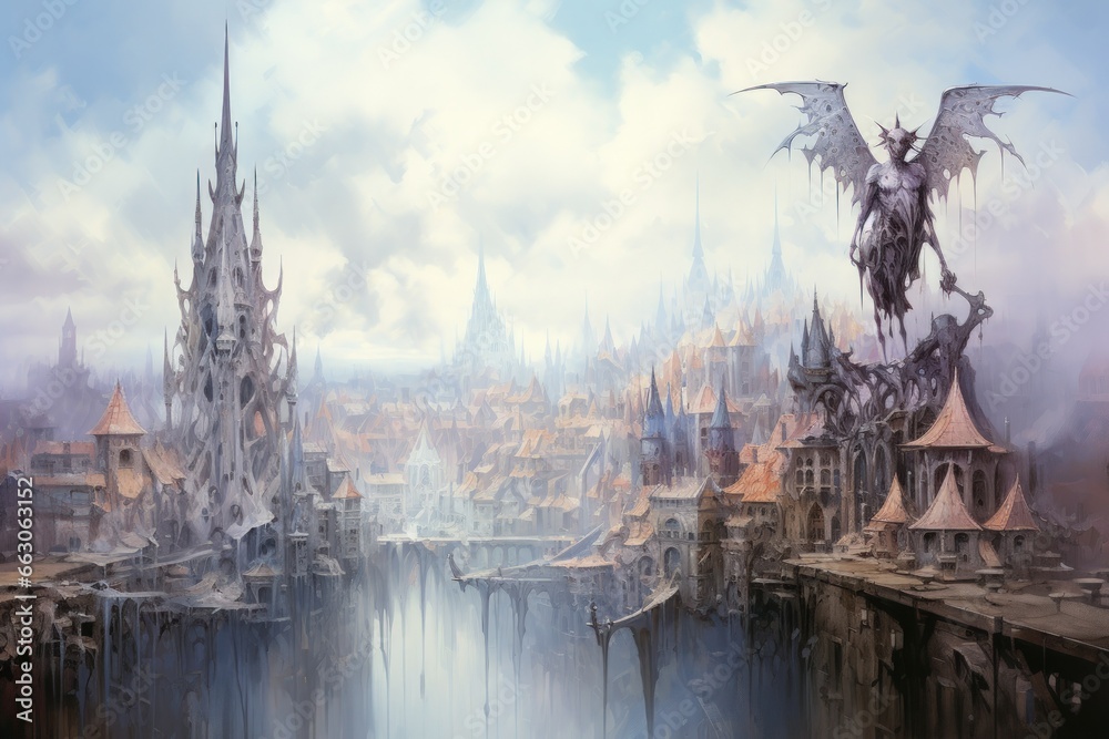 Ornate gothic gargoyles, perched atop ancient cathedrals, watching over the city below - Generative AI Ornate gothic gargoyles, perched atop ancient cathedrals, watching over the city below - Generative AI