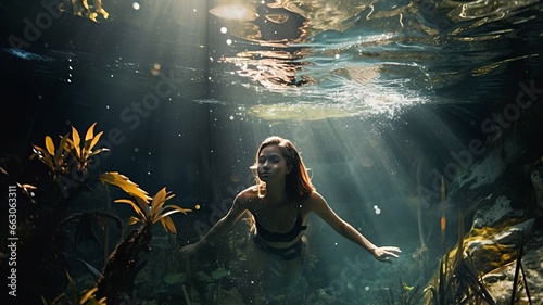 girl in a swimsuit, swimming underwater, full frame. Ai generative art © Tatyana Olina