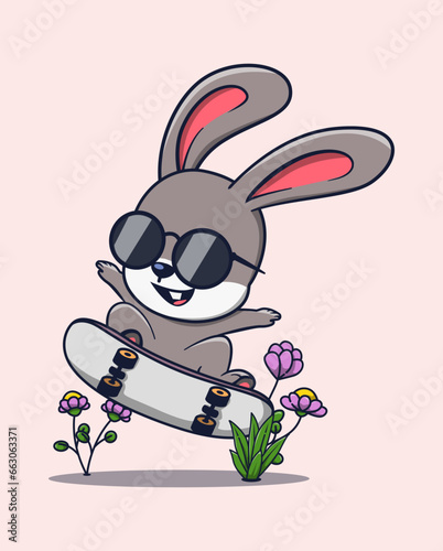 vector illustration of a rabbit in sunglasses playing skateboard. cute animal icon concept