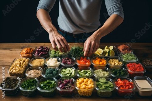 Person preparing food in kitchen. Chef's hands preparing food on wooden table. Meal prep with containers 