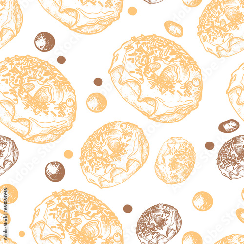 Pattern with buns, bread, hand-drawn. Vintage pastries, desserts made of wheat, coarse flour for a bakery or cafeteria. Background for cafe menu, for textiles.
