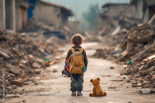 unrecognizable kid affected by war; child with teddy bear alone in the middle of earthquake or bomb explosion destruction; sad Little Boy in destroyed city with a toy in Israel Gaza or Ukraine photo
