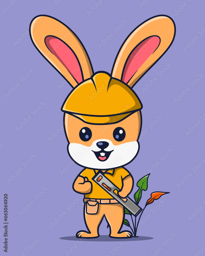 vector illustration of a builder rabbit holding building tools. cute animal icon concept