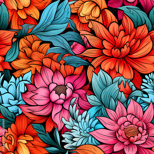 Seamless pattern of festive blue  orange and red flowers. Many dahlia flowerheads in a colorful tileable illustration