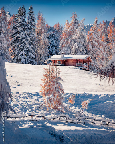 Fresh snow in Alpe di Siusi village with wooden chalet among the red larch trres. Impressive winter view of Dolomite Alps. Snowy morning scene of Ityaly, Europe. Traveling concept background. photo