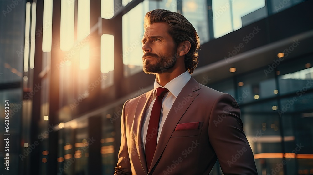 The manager is a man in a business suit near the office. A professional financier goes to work and looks away. The manager is a man in a business suit near the office. A professional financier goes to work and looks away.