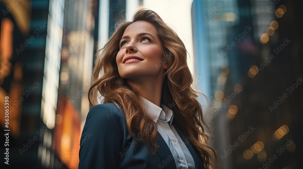 Close up portrait of young attractive businesswoman wearing smart clothes and smiling and looking absolutely happy posing outdoors city the background.