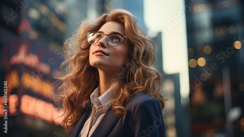 Close up portrait of young attractive businesswoman wearing smart clothes and smiling and looking absolutely happy posing outdoors city the background. © Kowit
