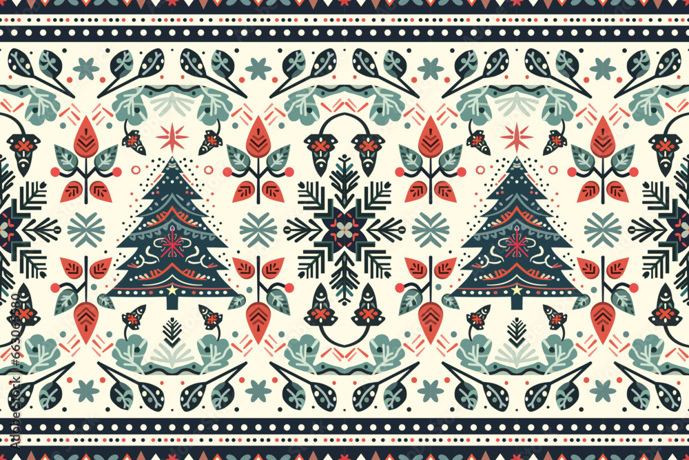 Αυτοκόλλητο Merry Christmas vintage ethnic seamless pattern decorated with green tree and flowers