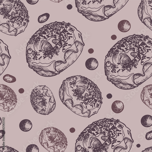 A hand-drawn pattern with buns and donuts. Vintage pastries, desserts made of wheat, coarse flour for a bakery or cafeteria. Background for cafe menu, for textiles.