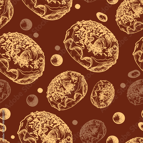 A hand-drawn pattern with buns and donuts. Vintage pastries, desserts made of wheat, coarse flour for a bakery or cafeteria. Background for cafe menu, for textiles.