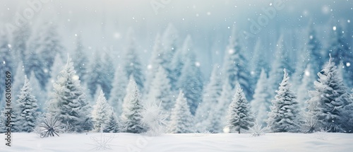 Winter panoramic background with snow soft blurred beautiful bokeh leaves illustration background. © HappyTime 17