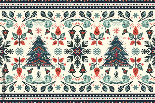 Merry Christmas vintage ethnic seamless pattern decorated with green tree and flowers. design for background, wallpaper, fabric, carpet, web banner, wrapping paper. embroidery style. vector.