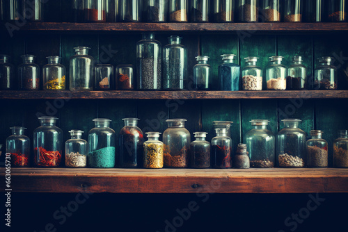 Alchemy Ingredients in Jars on a Shelf