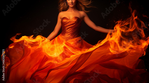 Portrait of Women in a Dress thats on Fire Against a Black Background