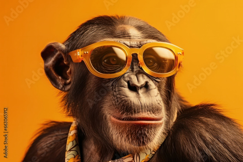 The eyes have it with this monkey in glasses and a polka dot tie close-up portrait on a yellow background. A fun and amusing addition to your collection. AI Generative.